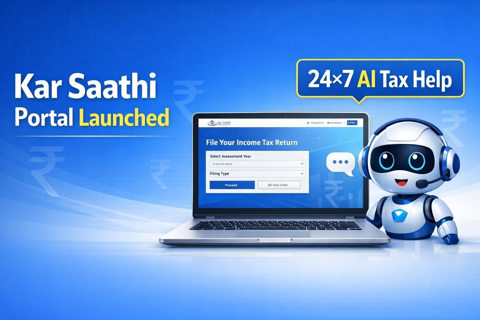 Kar Saathi portal banner showing AI chatbot helping users file income tax returns online in India