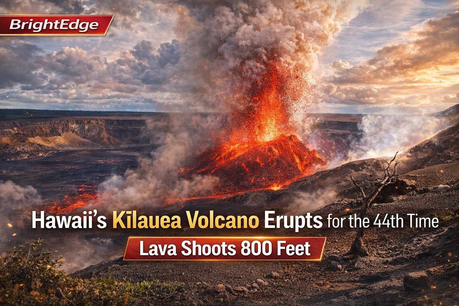 Kīlauea Volcano in Hawaii erupting dramatically with lava shooting high into the air, smoke and ash clouds rising, with BrightEdge news-style headline overlay.