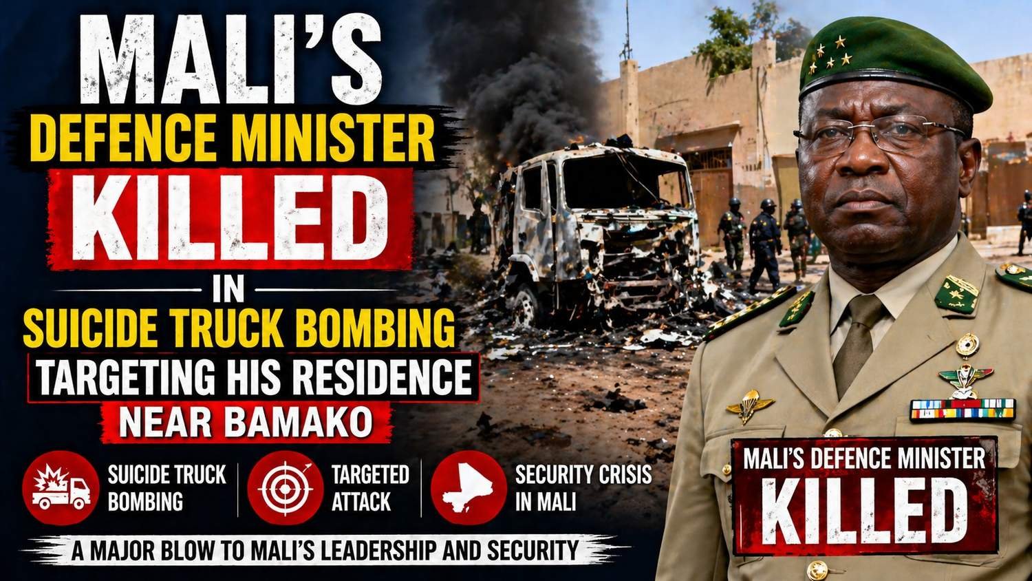 Mali Defence Minister killed in suicide truck bombing near Bamako residence, major security attack visuals