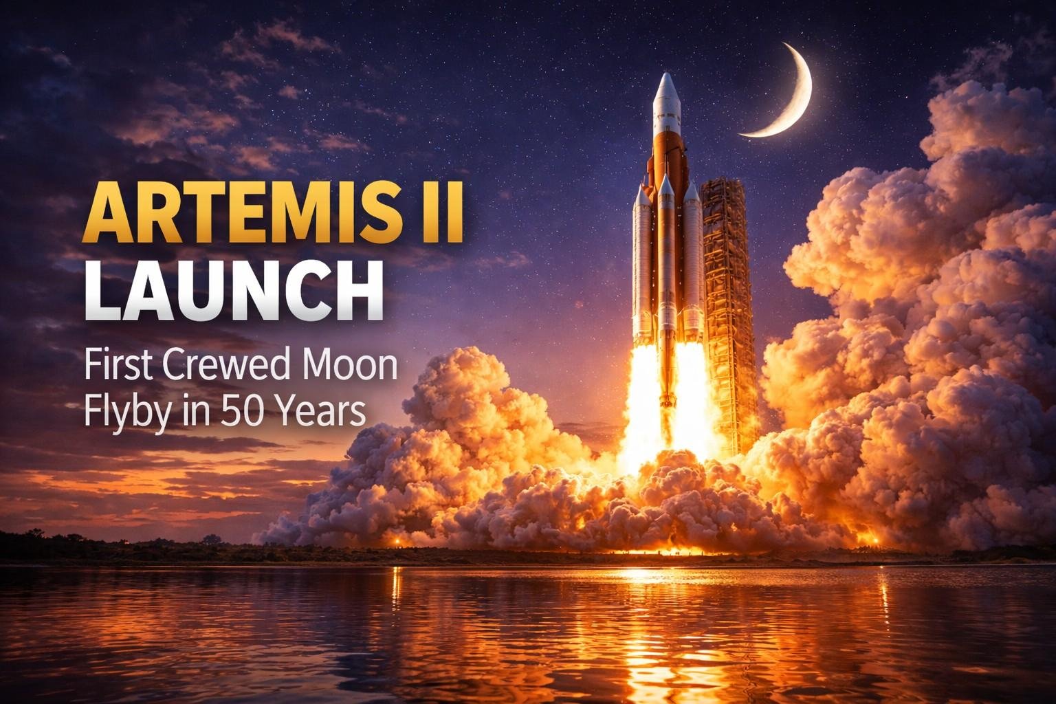 NASA Artemis II rocket launch at dusk with crescent Moon and water reflection, first crewed lunar flyby mission in 50 years