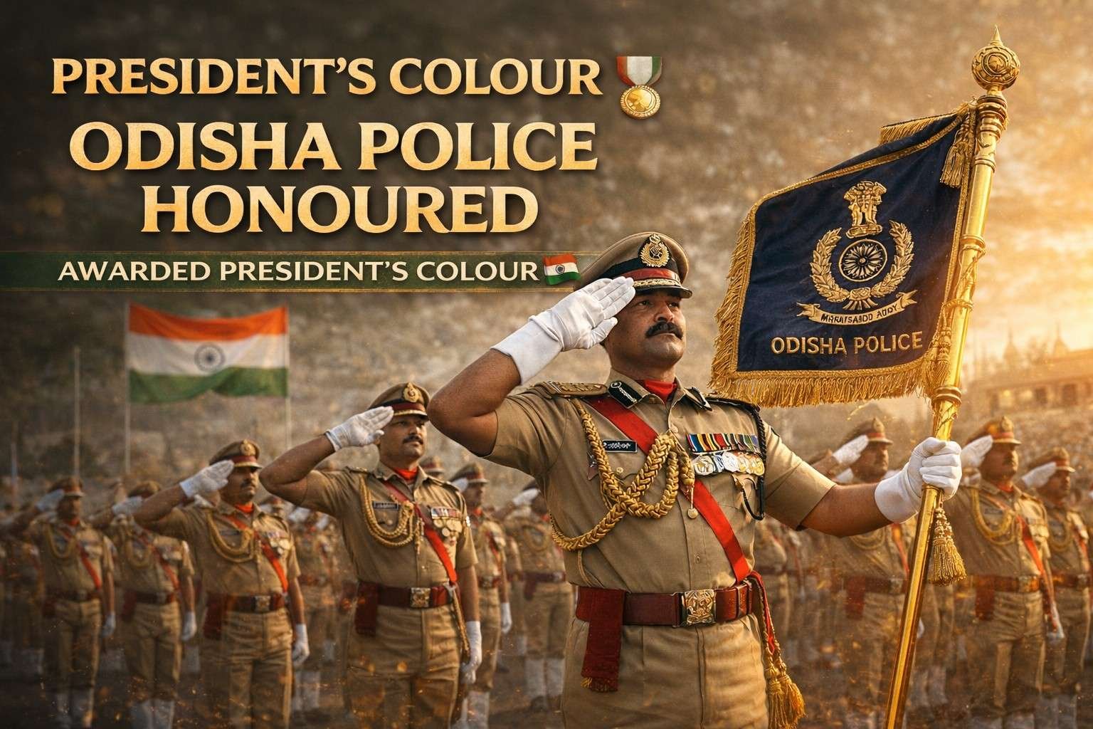Odisha Police officers in ceremonial parade receiving President’s Colour honour with Indian flag in background
