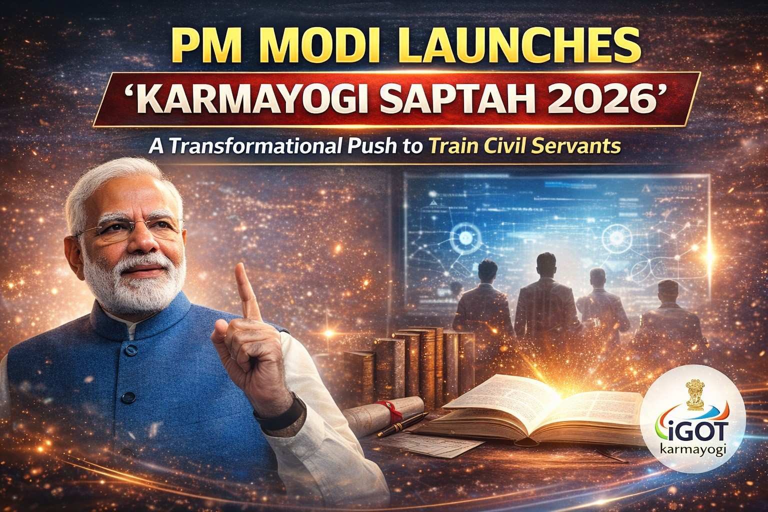PM Narendra Modi launching Karmayogi Saptah 2026 with digital training theme, civil servants learning via iGOT Karmayogi platform