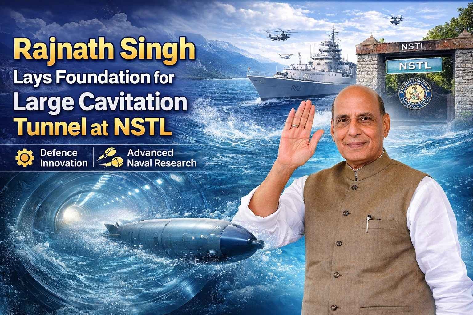 Rajnath Singh lays foundation for Large Cavitation Tunnel at NSTL, boosting India’s naval technology, defence research, and maritime strength.