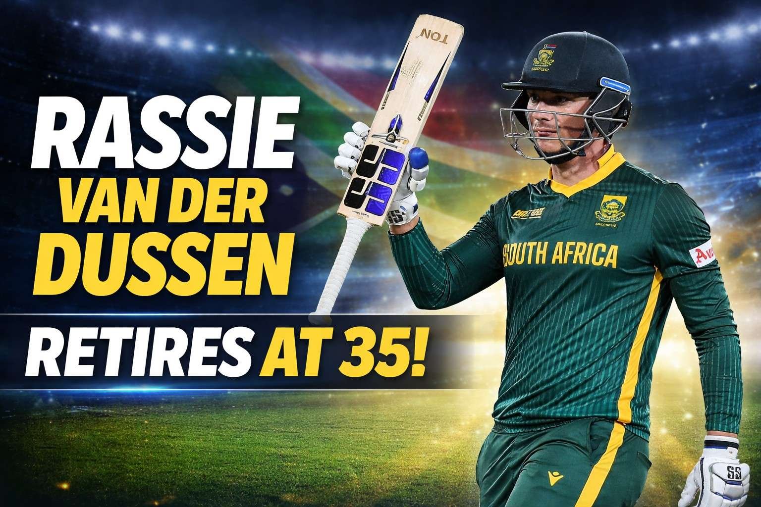 Rassie van der Dussen retirement thumbnail showing South Africa cricketer raising bat after announcing international cricket retirement