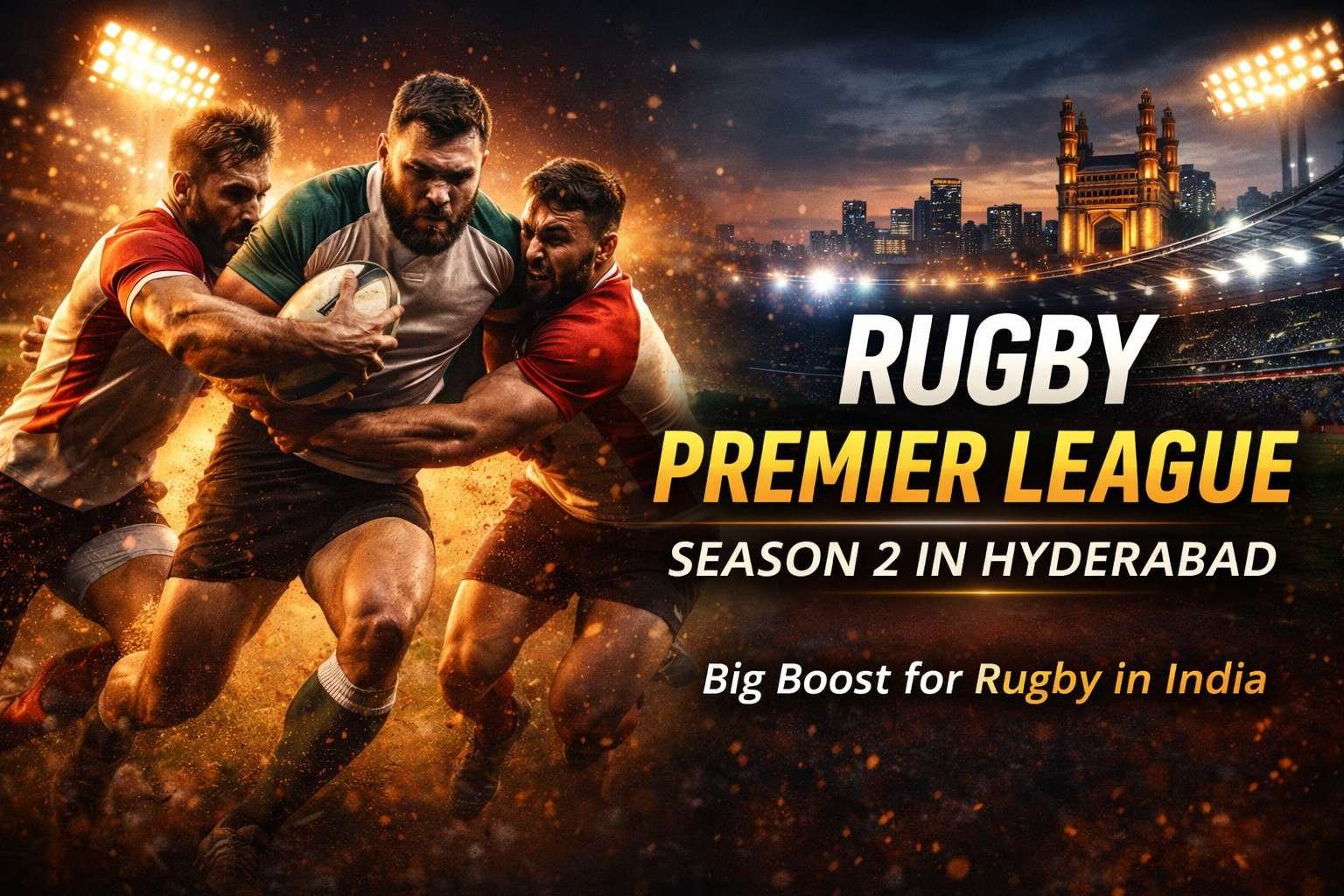 Rugby players in intense action with Hyderabad skyline and stadium lights in the background, highlighting Rugby Premier League Season 2 announcement.