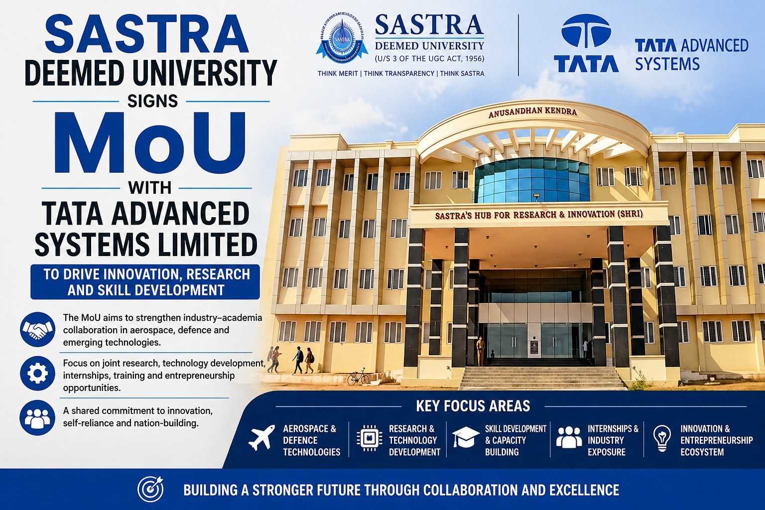 SASTRA Deemed University signs MoU with Tata Advanced Systems Limited for research and skill development