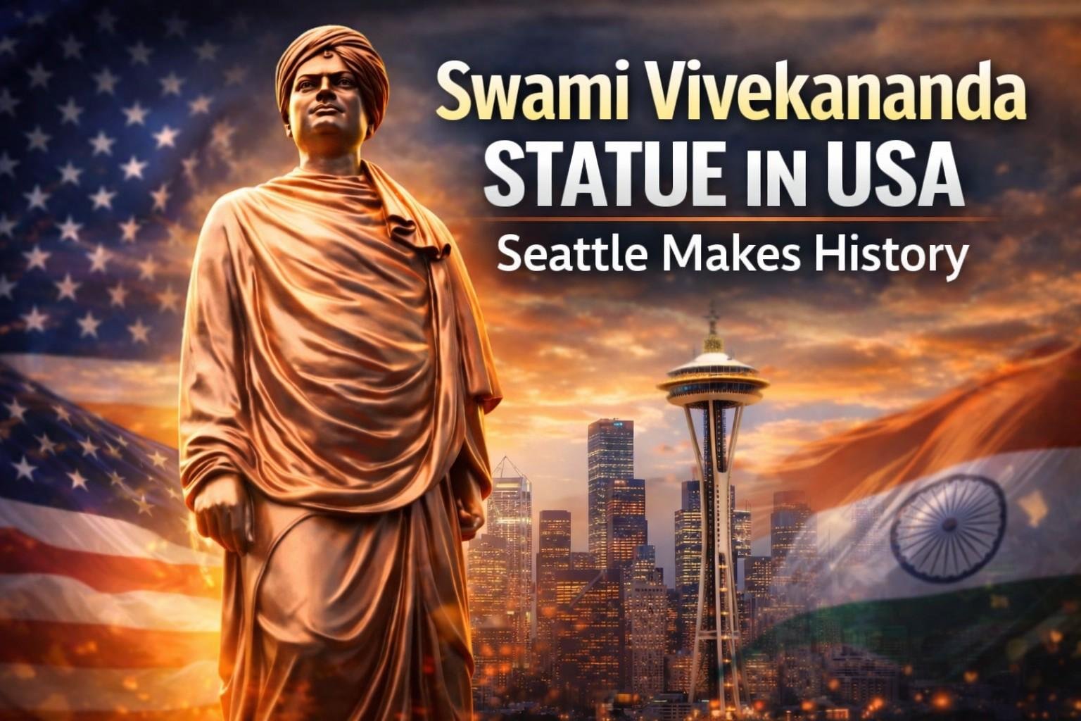 Swami Vivekananda statue displayed prominently with the Seattle skyline and Space Needle in the background, symbolizing cultural connection between India and the United States.