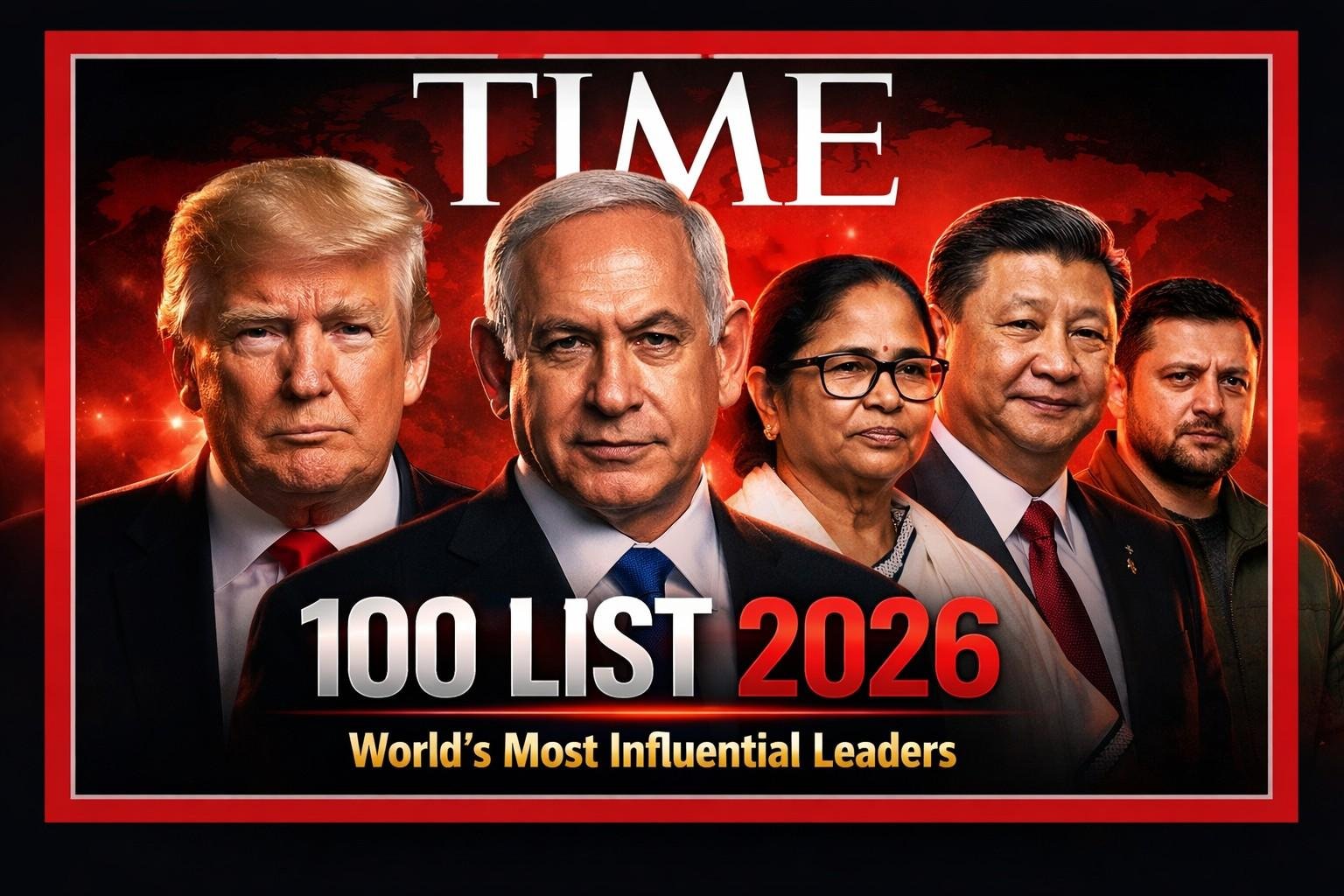 TIME 100 Most Influential People 2026 thumbnail featuring Donald Trump, Benjamin Netanyahu and global leaders on red black background