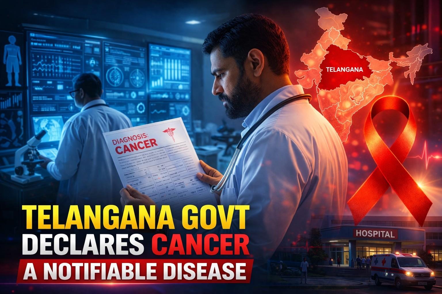 Doctor reviewing cancer diagnosis report with Telangana highlighted on India map and red awareness ribbon representing new notifiable disease policy