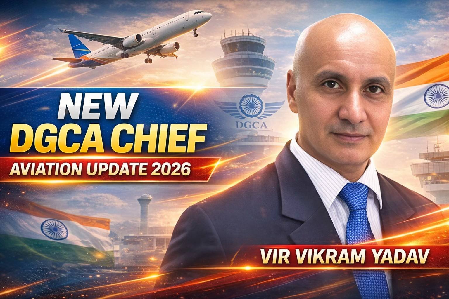 Vir Vikram Yadav appointed as new DGCA Chief 2026 with aviation background showing airplane and Indian flag