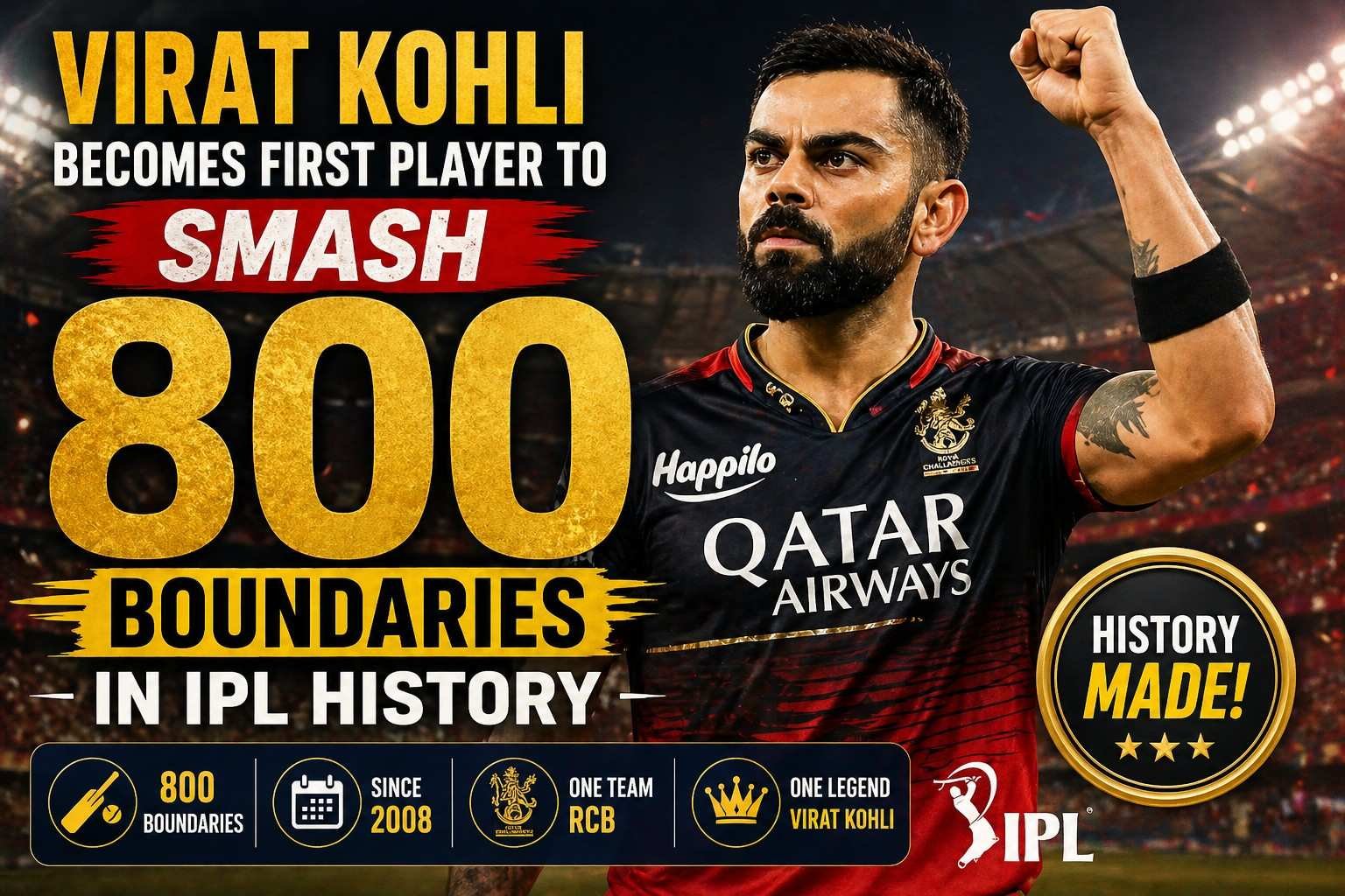 Sports news thumbnail of Virat Kohli celebrating, with bold text highlighting his achievement of becoming the first player to hit 800 boundaries in IPL history.