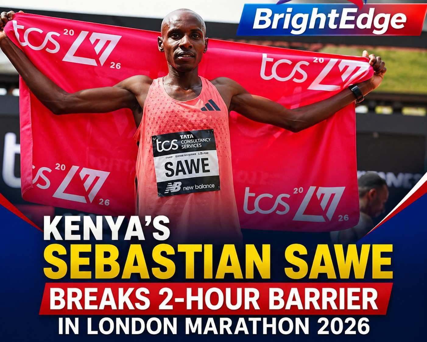 Kenyan runner Sebastian Sawe holding a red flag after winning the London Marathon 2026, highlighting his historic sub-2-hour performance.