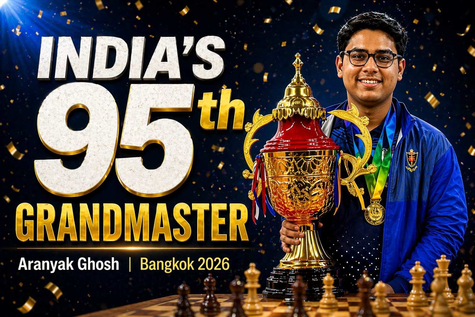 Aranyak Ghosh, a young Indian chess player, sits confidently at a chessboard with a dramatic spotlight and golden confetti, highlighting his achievement as India’s 95th Grandmaster.