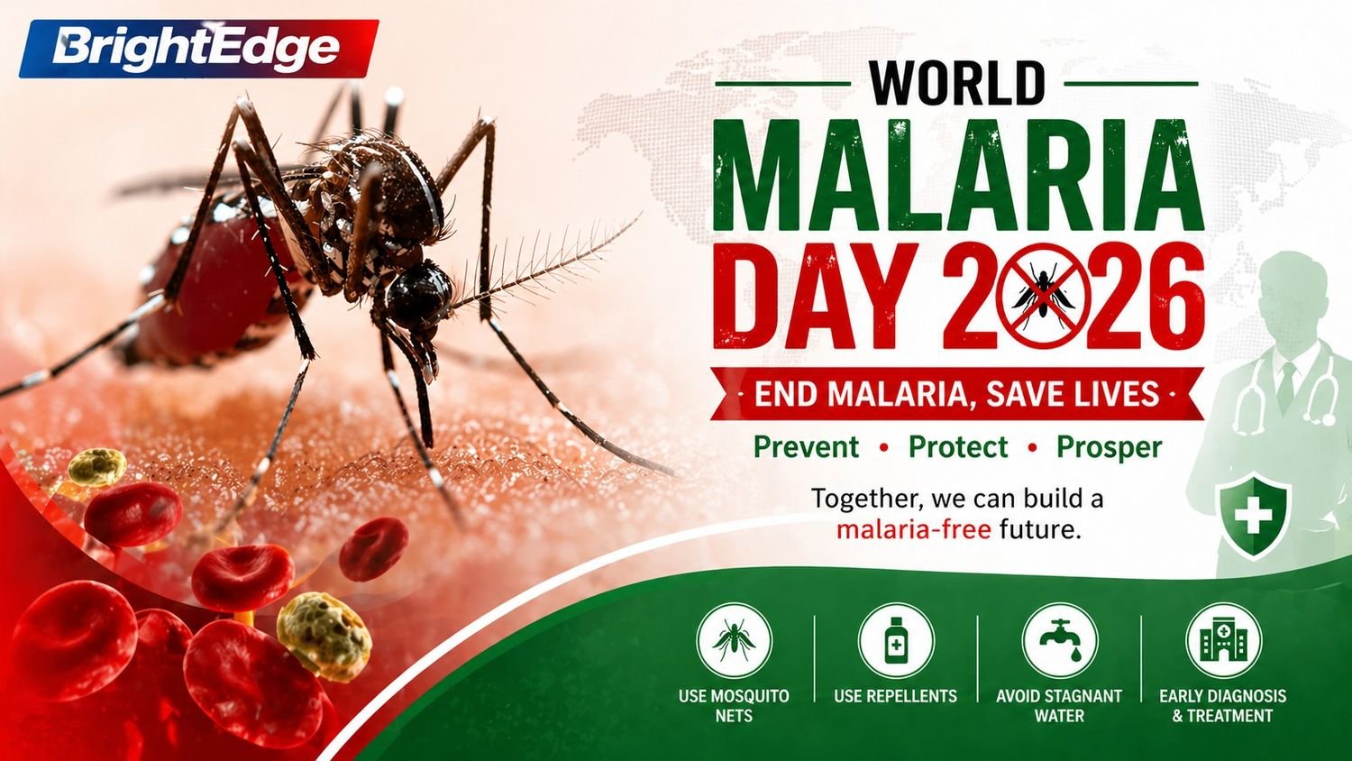 Close-up image of a mosquito biting human skin with World Malaria Day 2026 awareness text promoting malaria prevention and global health action.