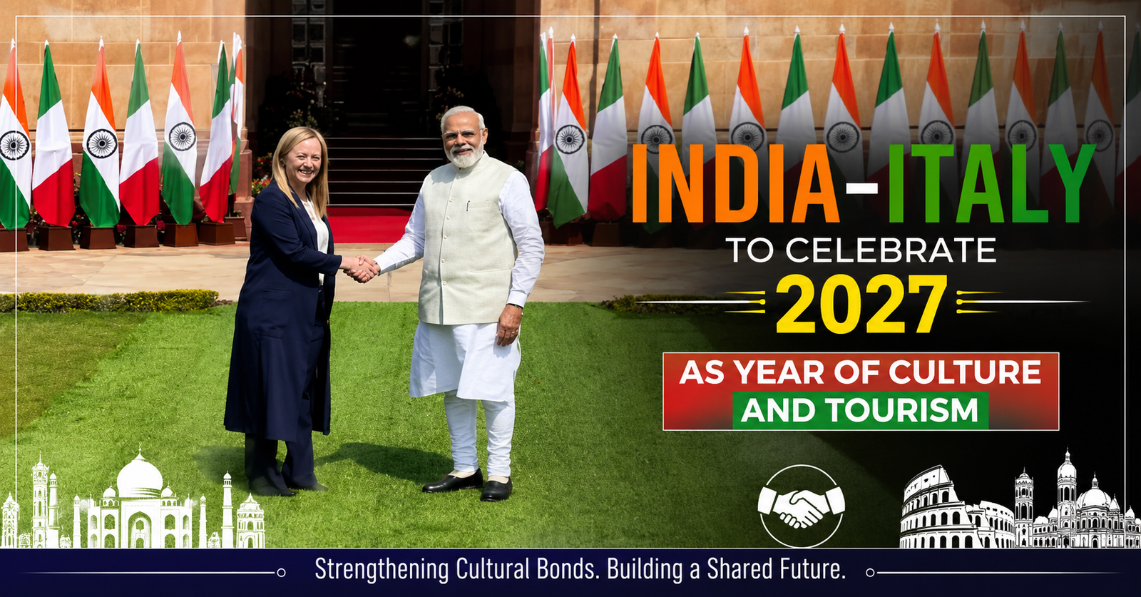 Indian Prime Minister Narendra Modi and Italian Prime Minister Giorgia Meloni shaking hands during a bilateral meeting, with Indian and Italian flags in the background. The image highlights the announcement of 2027 as the “Year of Culture and Tourism” between India and Italy.