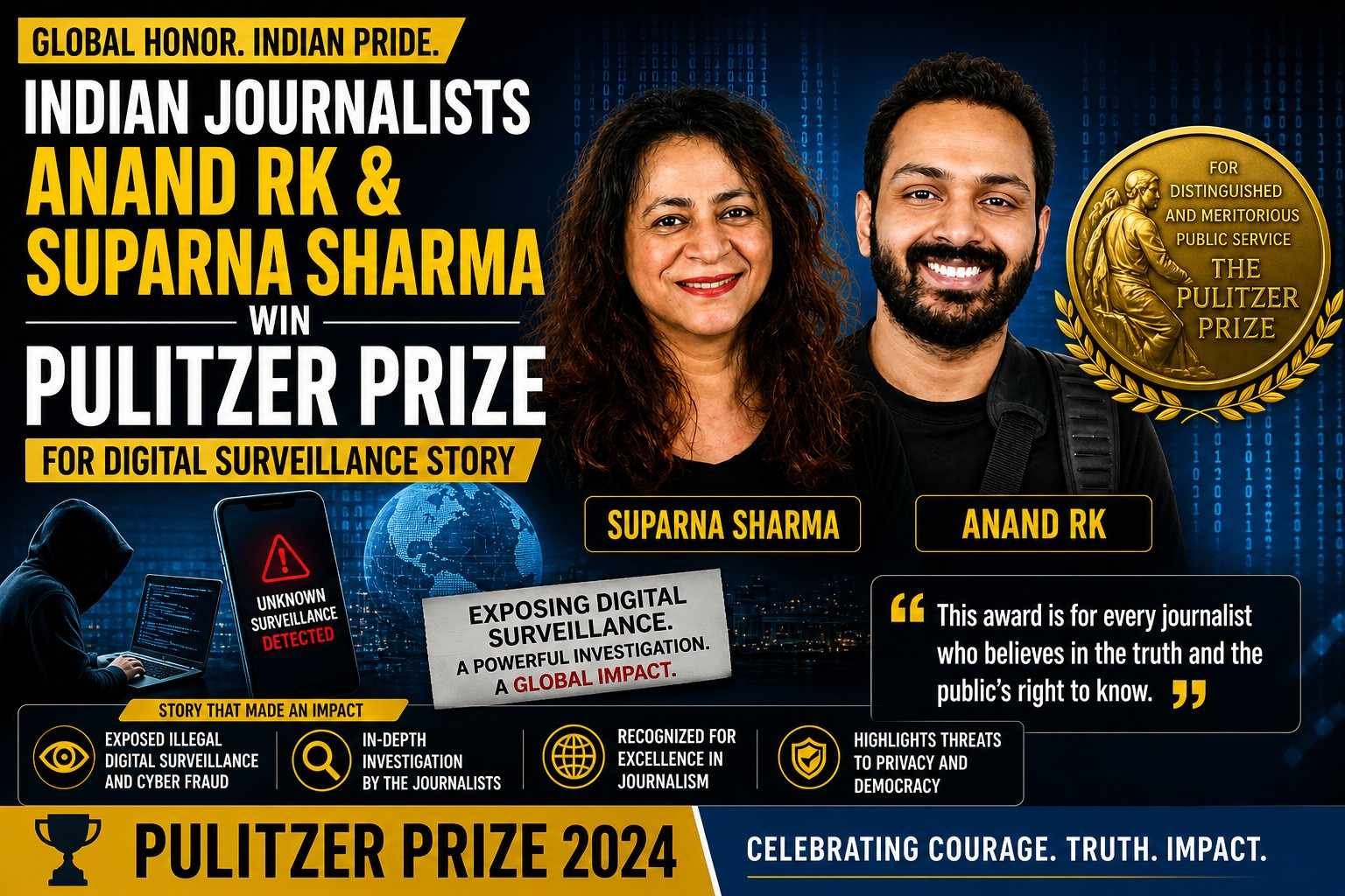 Indian journalists Anand RK and Suparna Sharma win Pulitzer Prize for digital surveillance story