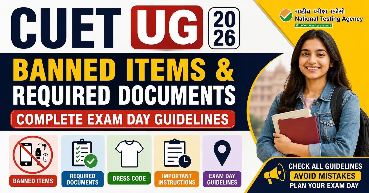 CUET UG 2026 exam day guidelines banner highlighting banned items, required documents, dress code, and important instructions for candidates appearing in the NTA undergraduate entrance exam.