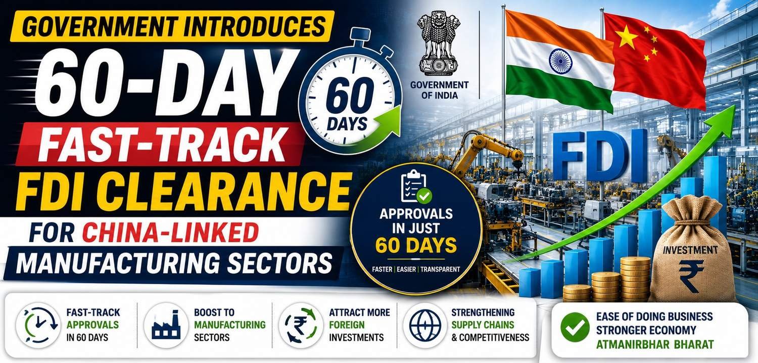 Government introduces 60 day fast track FDI clearance for China linked manufacturing sectors