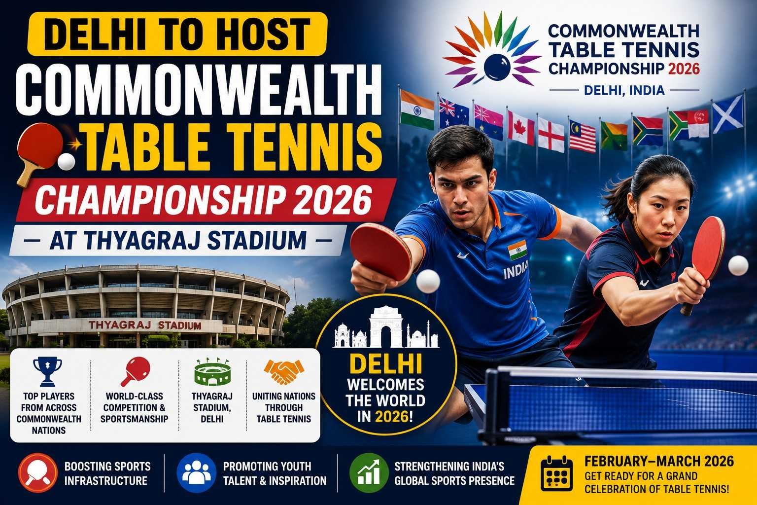 Delhi to host Commonwealth Table Tennis Championship 2026 at Thyagraj Stadium