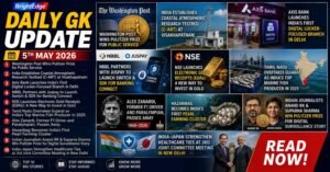 Daily GK Update infographic for 5th May 2026 featuring top current affairs including Pulitzer Prize winners, India’s C-ART project, Axis Bank digital locker branch, NSE Electronic Gold Receipts, and India-Japan healthcare cooperation.