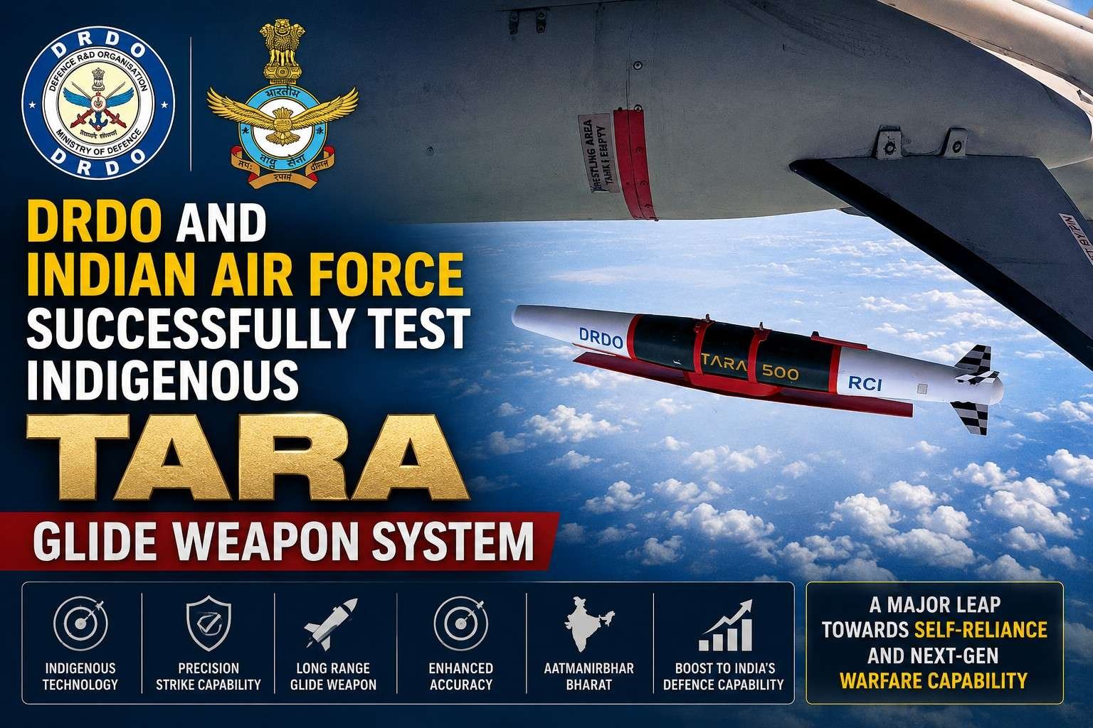 DRDO and Indian Air Force successfully test the indigenous TARA glide weapon system during an aerial trial.