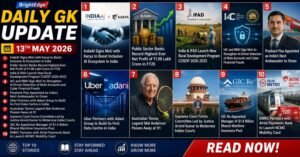 Daily GK Update infographic for 13th May 2026 featuring top current affairs headlines including IndiaAI-Karya MoU, banking, diplomacy, rural development, judiciary, insurance, and metro card partnership news.