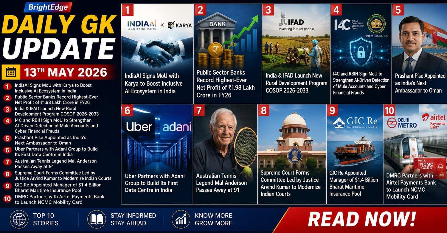Daily GK Update infographic for 13th May 2026 featuring top current affairs headlines including IndiaAI-Karya MoU, banking, diplomacy, rural development, judiciary, insurance, and metro card partnership news.