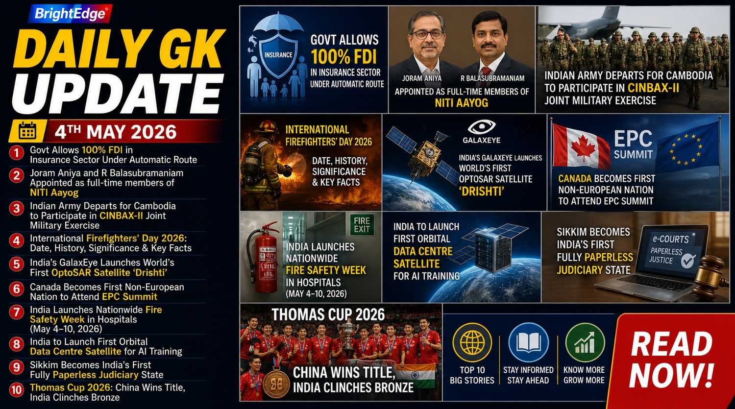 Daily GK Update 4th May 2026 current affairs FDI insurance NITI Aayog Thomas Cup India China