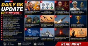 Daily GK Update infographic for 9th May 2026 featuring 12 major current affairs headlines including politics, defence, banking, international events, science, and sports updates with news-style visuals.