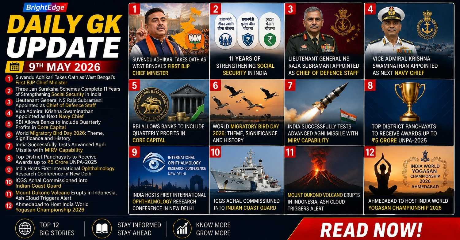 Daily GK Update infographic for 9th May 2026 featuring 12 major current affairs headlines including politics, defence, banking, international events, science, and sports updates with news-style visuals.