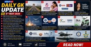 Daily GK Update infographic for 8th May 2026 featuring top current affairs including Delhi crime report, JANANI healthcare platform, RBI approval for Kotak stake hike, Skyroot Aerospace funding, IndiaAI healthcare MoU, Ola Electric scooter approval, and DRDO TARA glide weapon test.