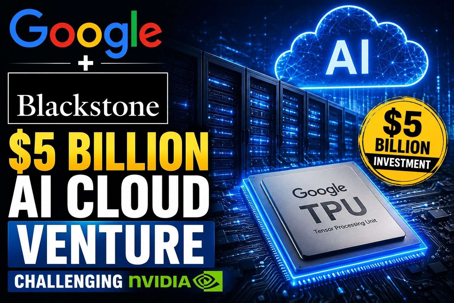 Google and Blackstone announce a $5 billion AI cloud venture with futuristic data centers, Google TPU chip, AI cloud graphics, and Nvidia competition theme.