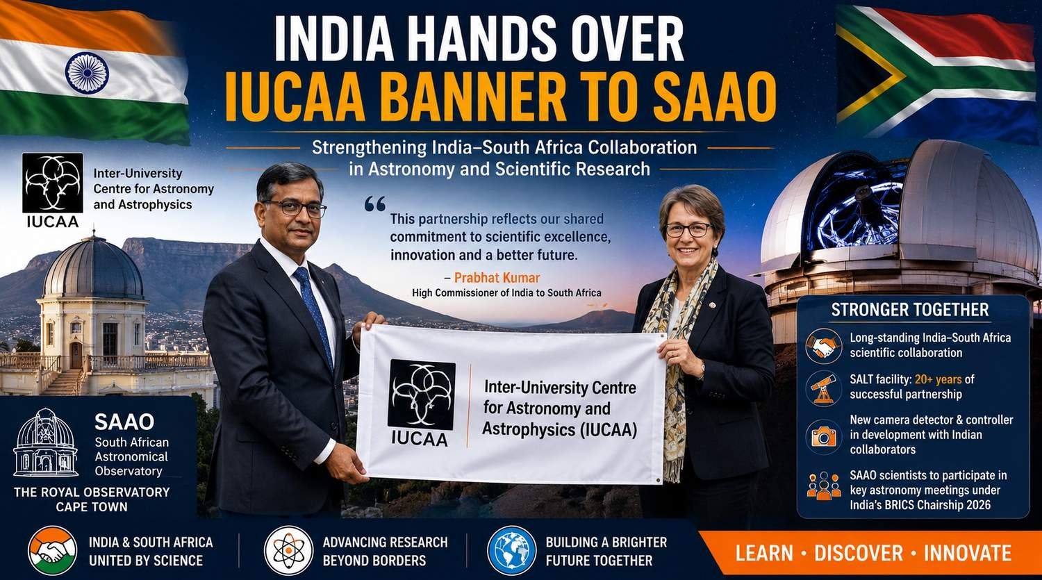 India’s High Commissioner Prabhat Kumar hands over the IUCAA banner to the South African Astronomical Observatory during a scientific collaboration ceremony in Cape Town