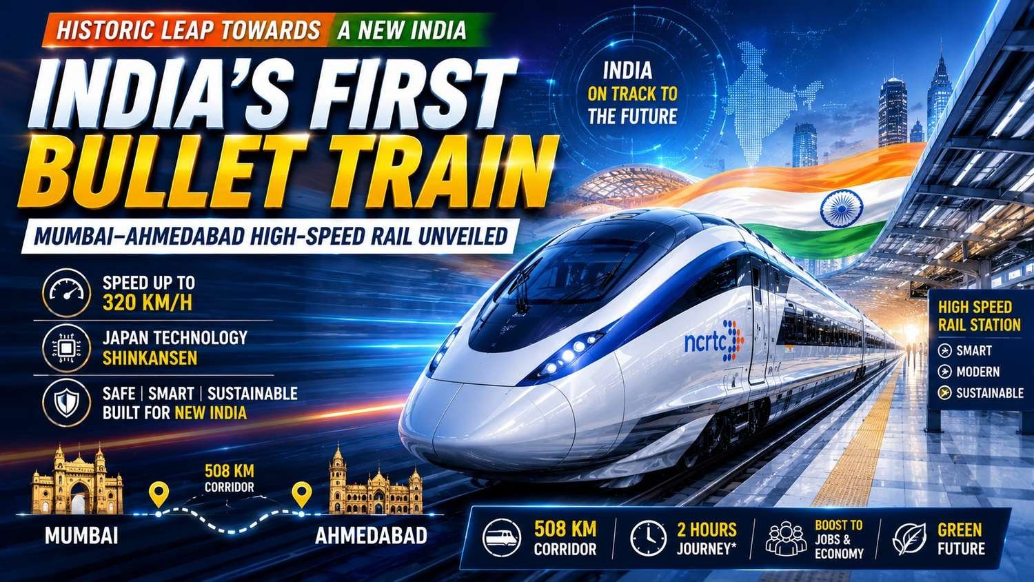 India’s first bullet train unveiled on the Mumbai-Ahmedabad high-speed rail corridor featuring a futuristic train design, modern railway station, and digital infrastructure graphics.