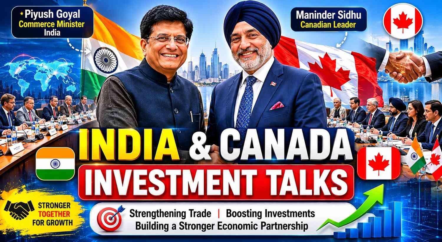 Indian Commerce Minister Piyush Goyal and Canadian leader Maninder Sidhu during India-Canada investment talks, featuring both national flags, business delegates, handshake visuals, economic growth graphics, and trade partnership themes.