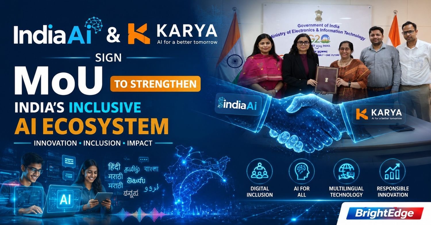 Officials from IndiaAI and Karya during the MoU signing ceremony to strengthen India’s inclusive artificial intelligence ecosystem and multilingual AI innovation.