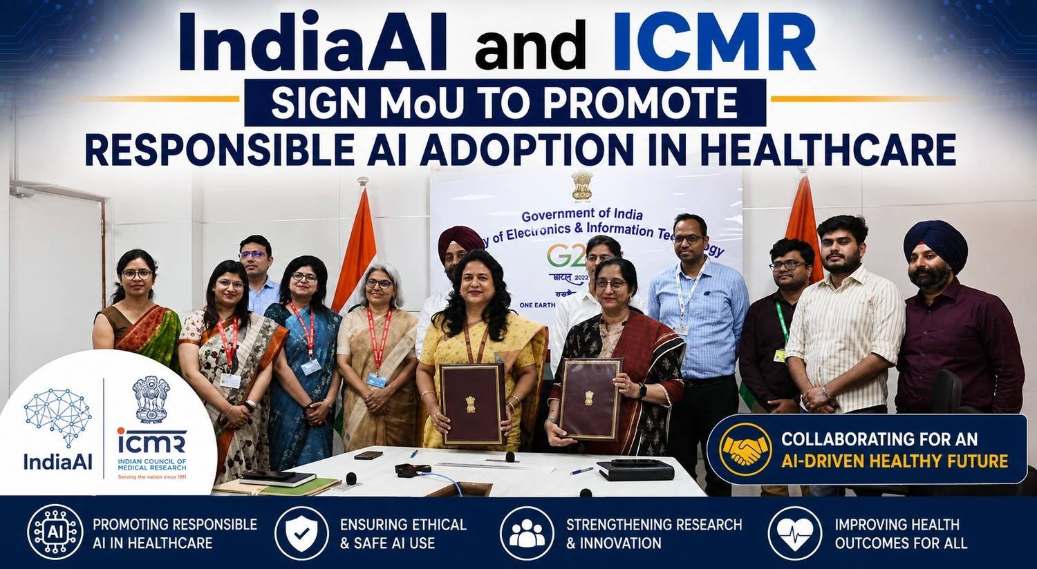 Officials from IndiaAI and ICMR pose together during the signing of an MoU to promote responsible AI adoption in healthcare, featured in a news-style banner graphic.