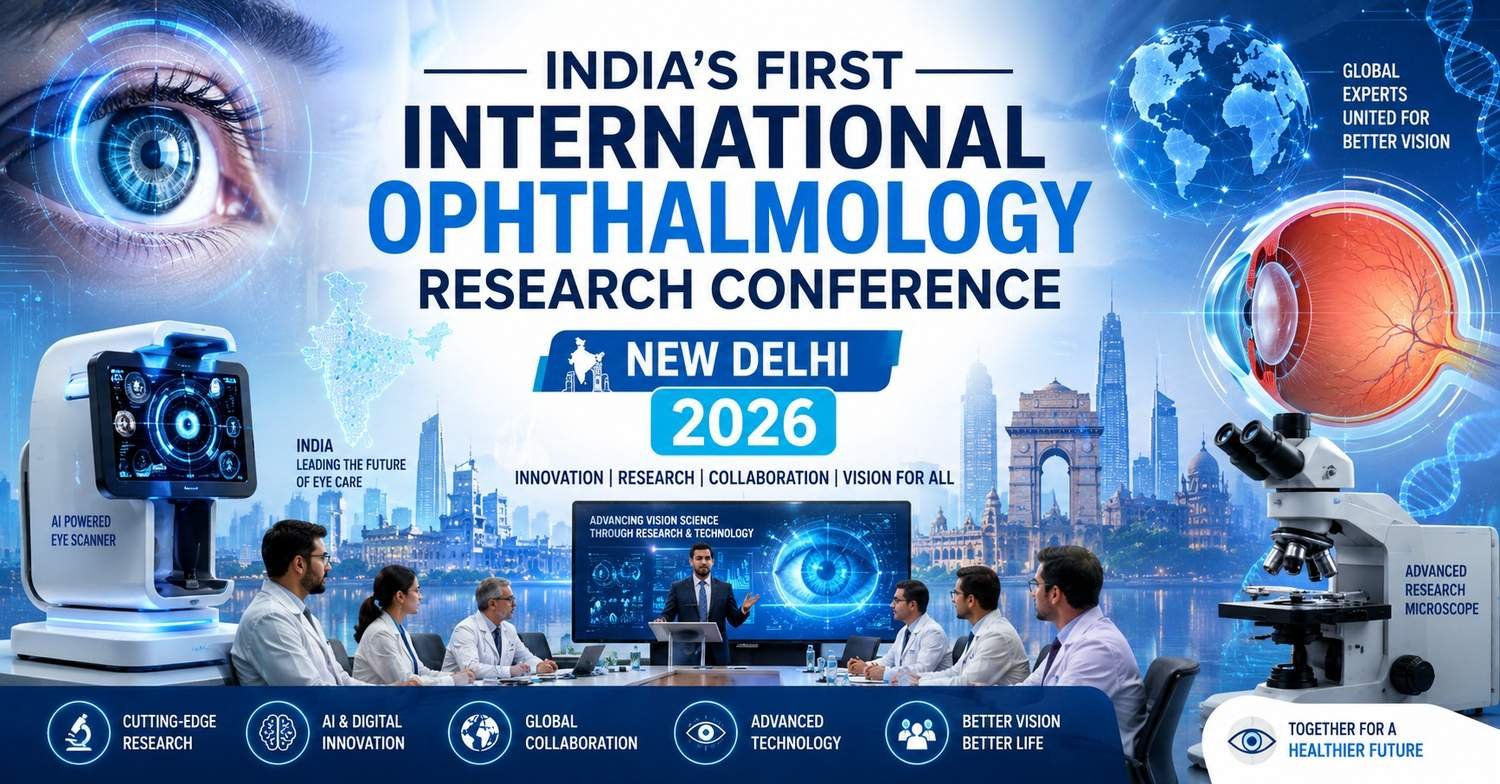 Professional infographic for India’s First International Ophthalmology Research Conference 2026 in New Delhi featuring eye care technology, retina illustration, researchers, AI eye scanner, and futuristic medical visuals