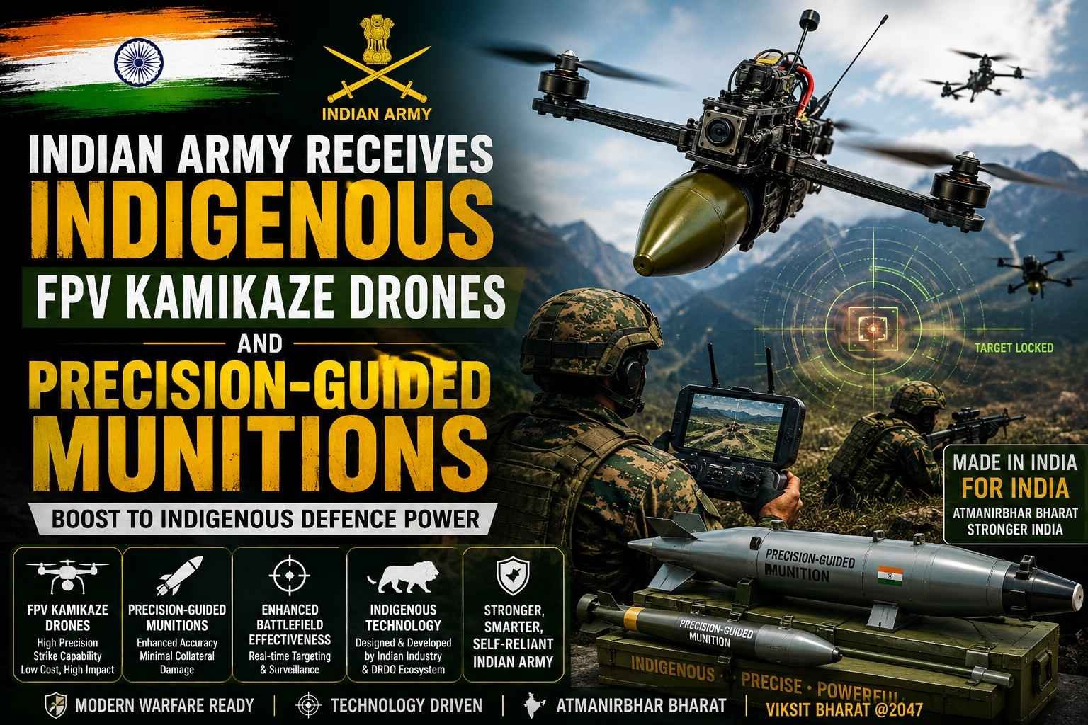 Indian Army receives indigenous FPV kamikaze drones and precision-guided munitionsIndian Army receives indigenous FPV kamikaze drones and precision-guided munitions