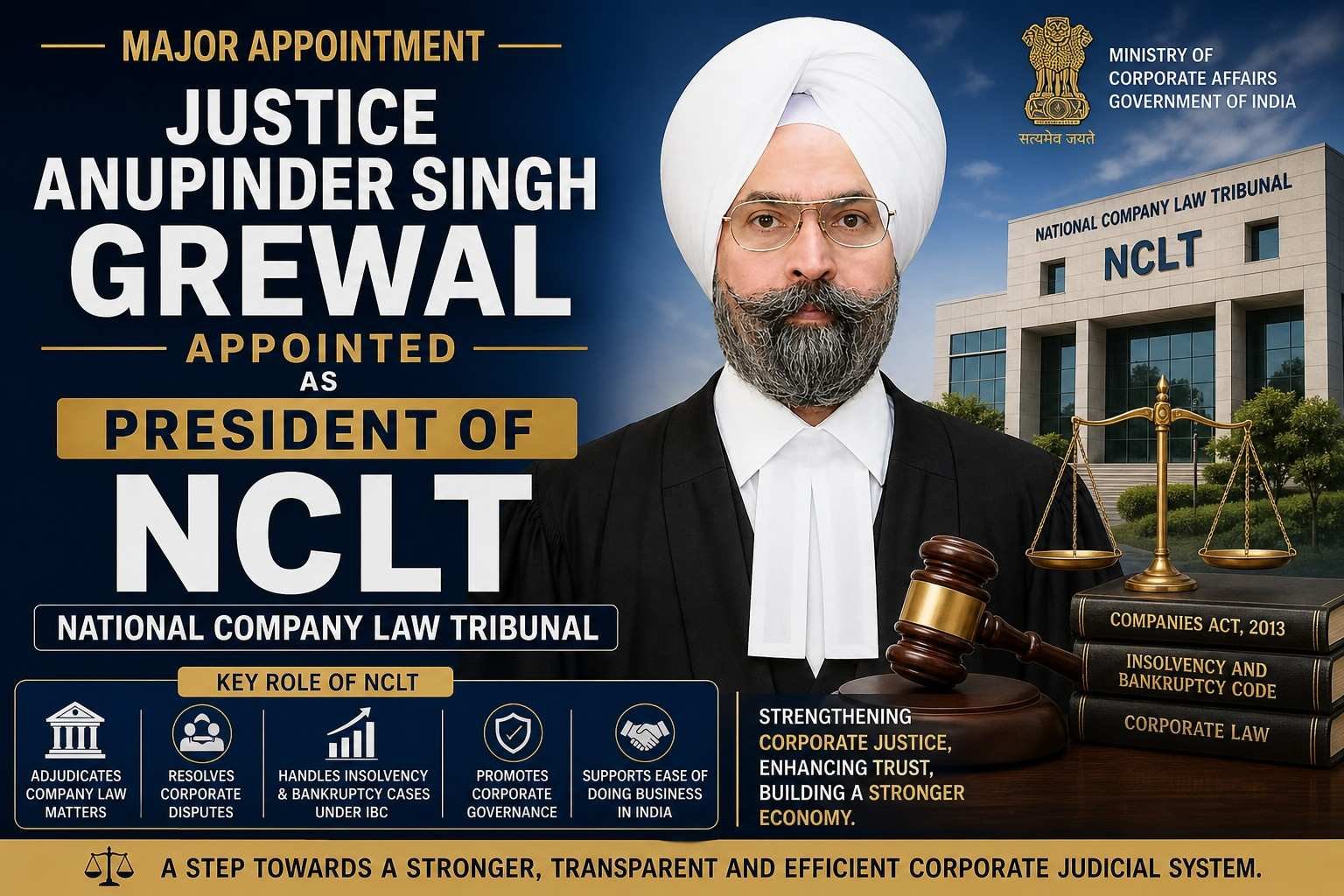 Justice Anupinder Singh Grewal appointed President of National Company Law Tribunal NCLT