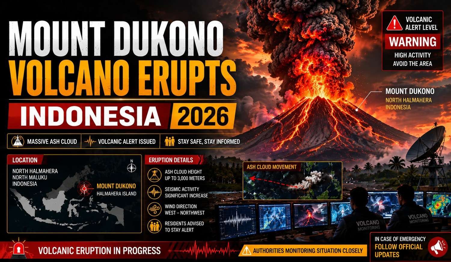 Breaking news infographic showing Mount Dukono volcano erupting in Indonesia with massive ash clouds, flowing lava, volcanic monitoring visuals, and emergency alert graphics.