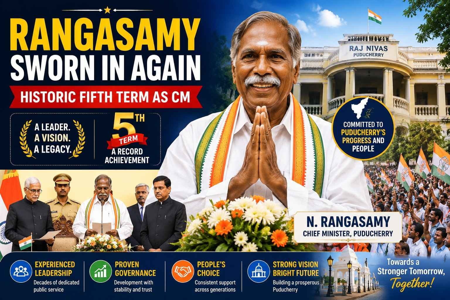N Rangasamy sworn in as Puducherry Chief Minister for record fifth term