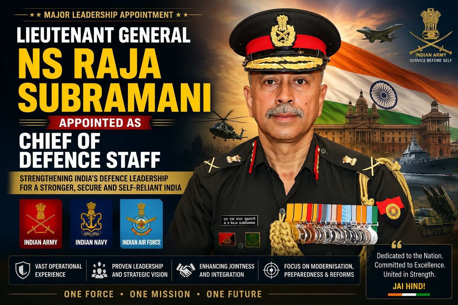 Lieutenant General NS Raja Subramani appointed as India’s Chief of Defence Staff
