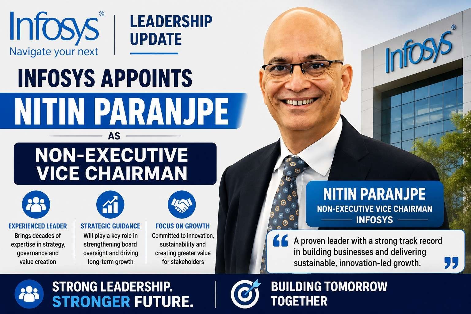 Infosys appoints Nitin Paranjpe as Non Executive Vice Chairman leadership change corporate governance India