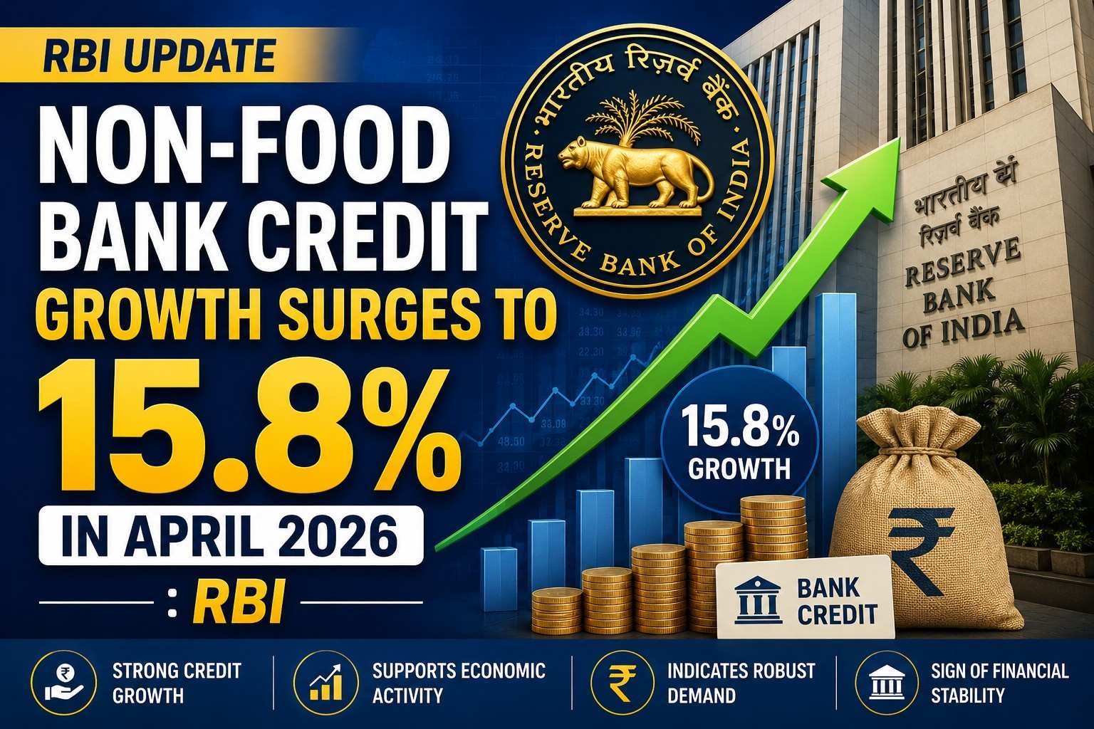 RBI reports non-food bank credit growth rising to 15.8 percent in April 2026.