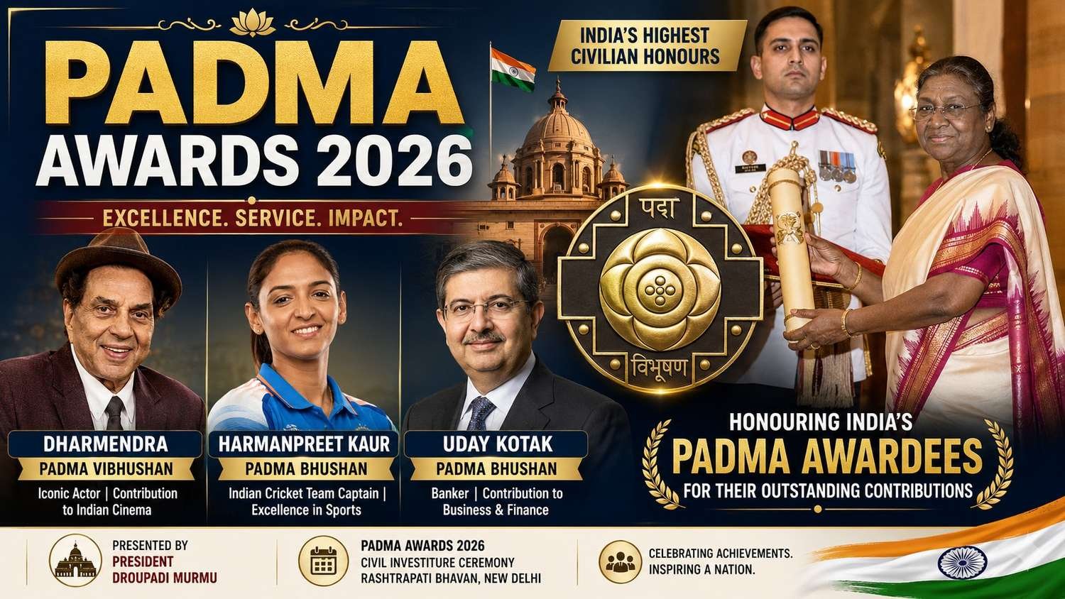 Padma Awards 2026 ceremony honouring Dharmendra, Harmanpreet Kaur, and Uday Kotak at Rashtrapati Bhavan