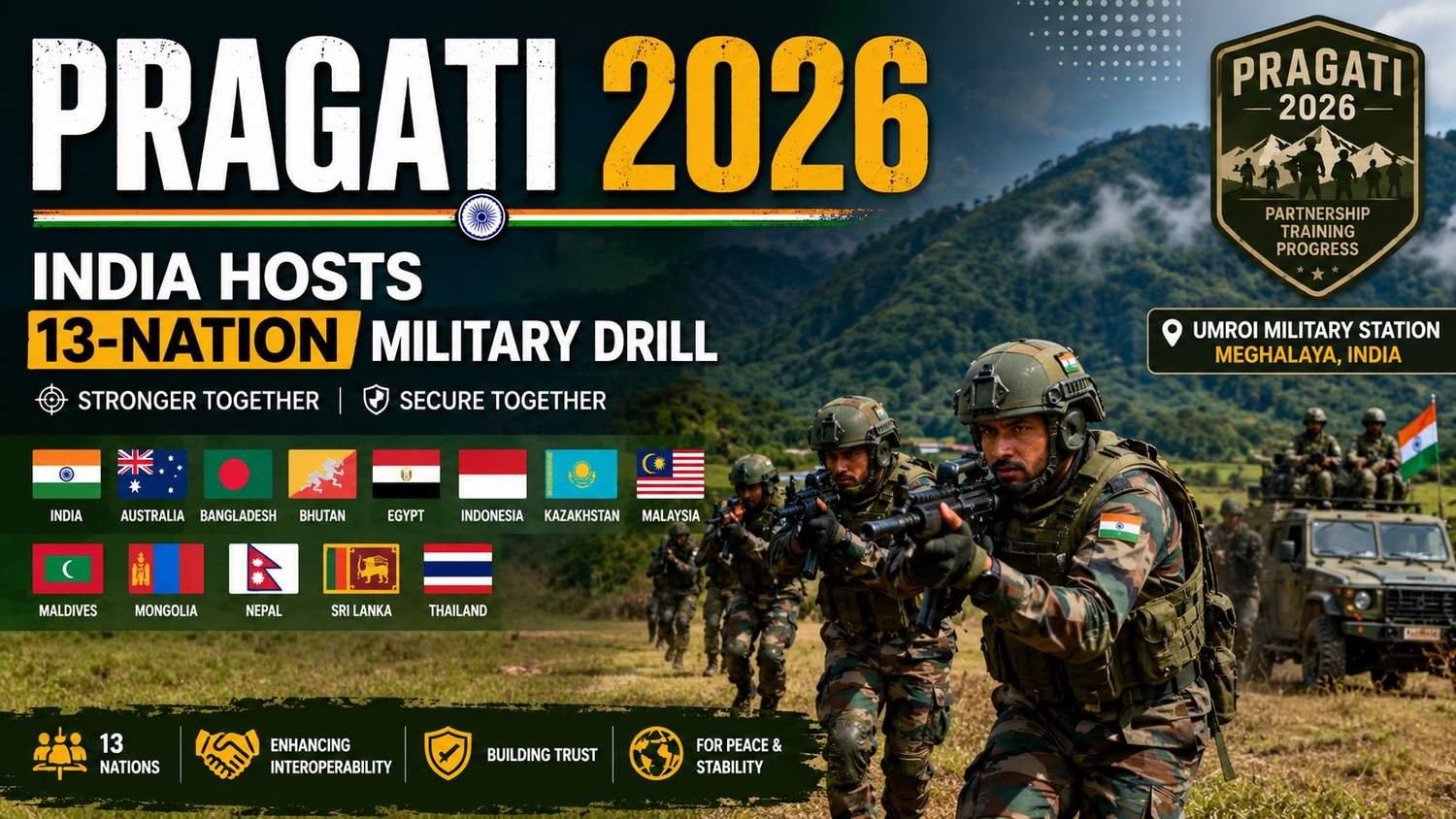 Indian Army personnel participating in PRAGATI 2026 multinational military exercise in Meghalaya