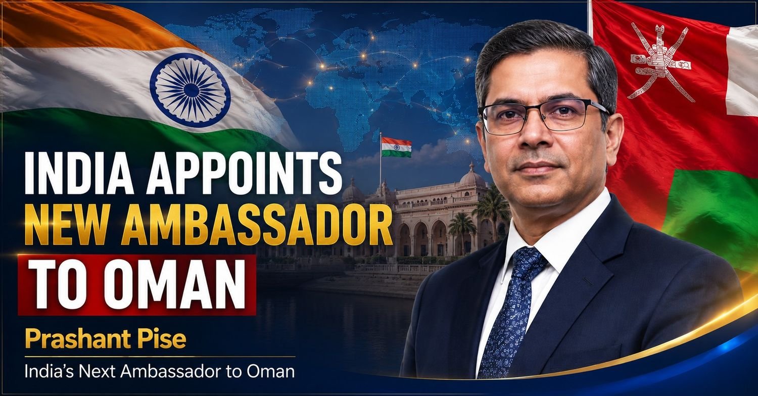 National flags of India and Oman with diplomatic-themed background representing India-Oman international relations and ambassadorial appointment news.