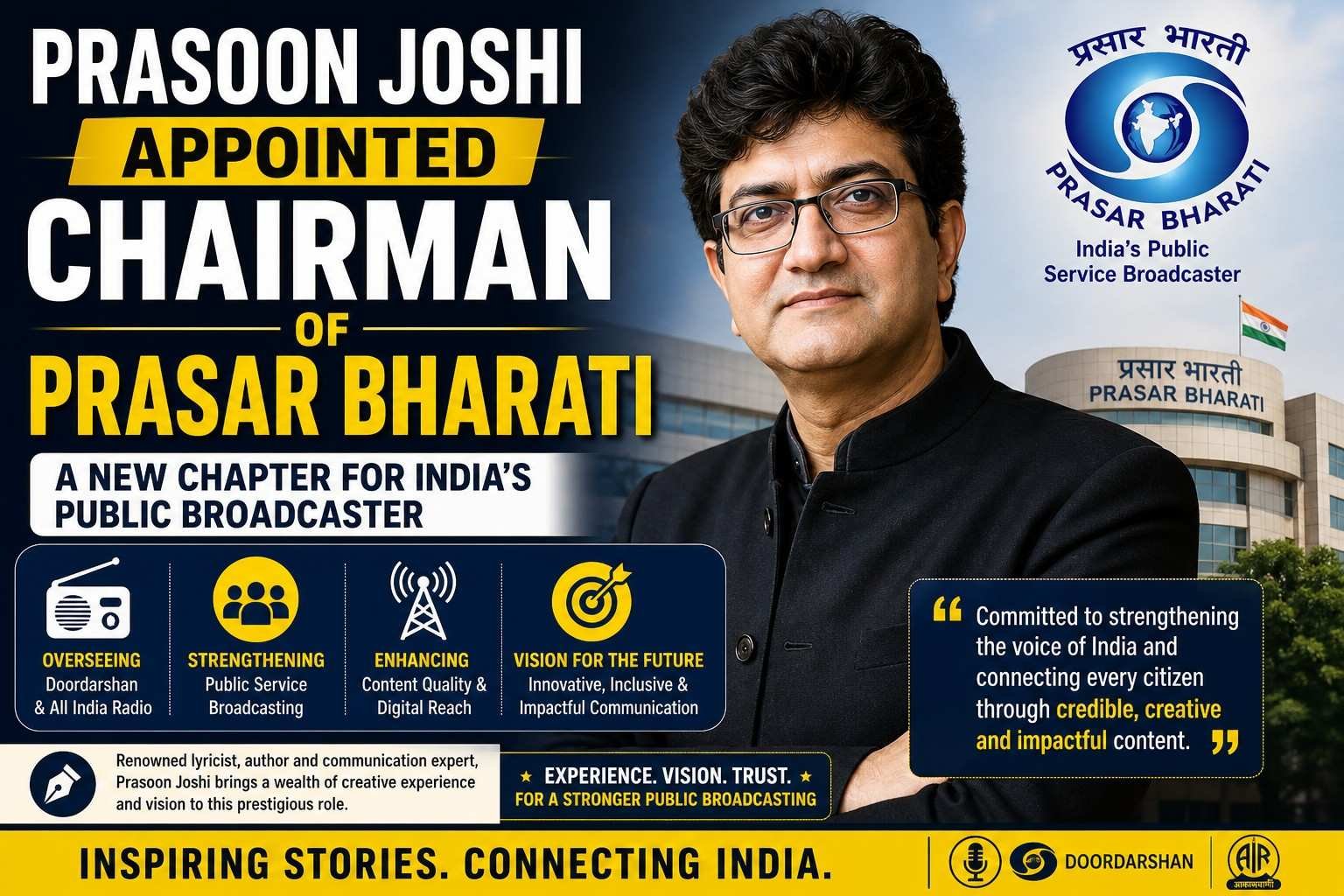Prasoon Joshi appointed Chairman of Prasar Bharati India public broadcaster leadership appointment news