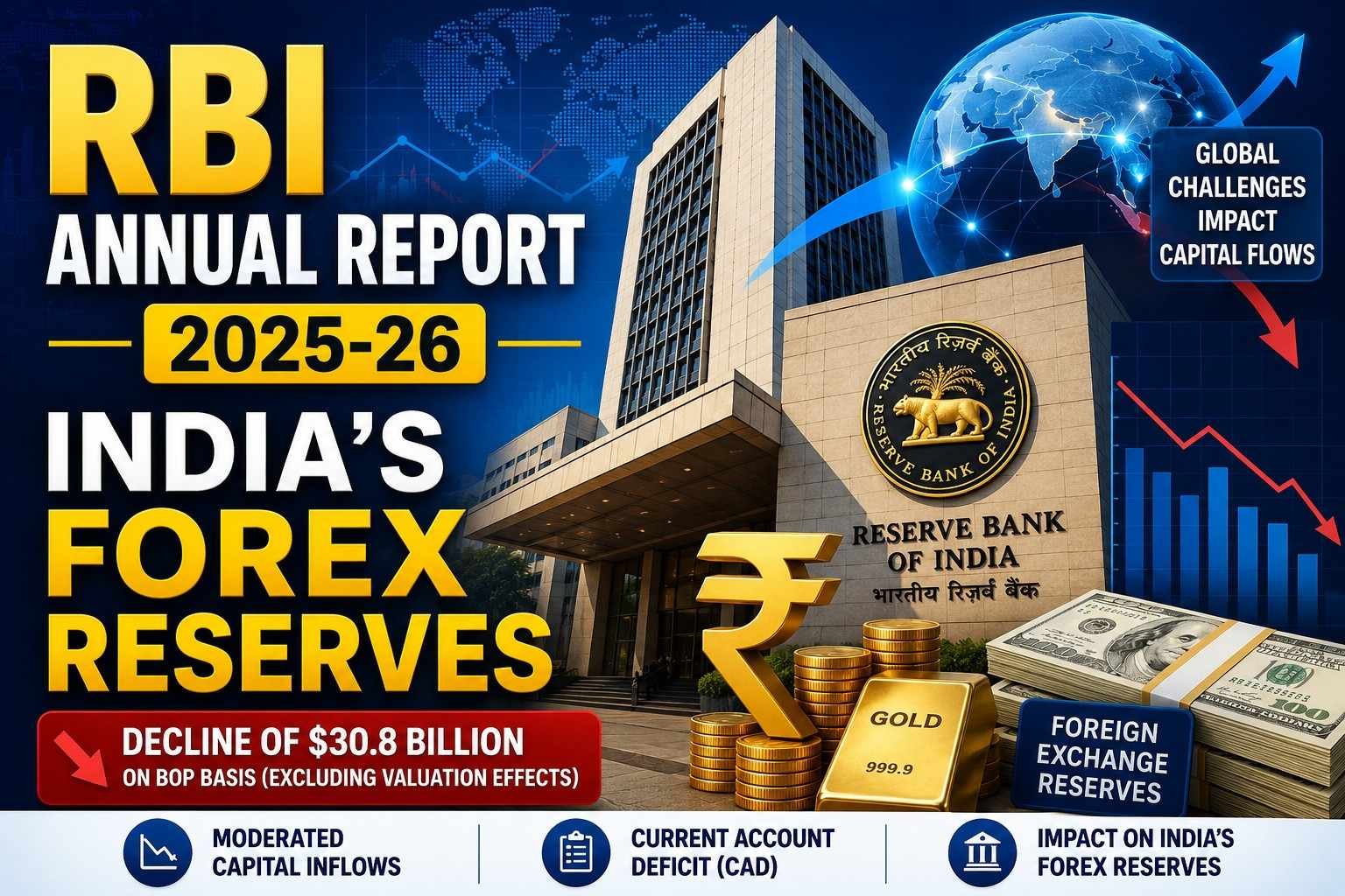 RBI Annual Report 2025-26 highlighting India's foreign exchange reserves, capital inflows, and current account deficit trends.